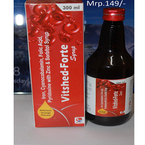 Product Name: Vitshed Forte, Compositions of Vitshed Forte are iron Cyanocobalamin Folic Acid Pyridoxine with zinc & Sorbitol - Shedwell Pharma Private Limited