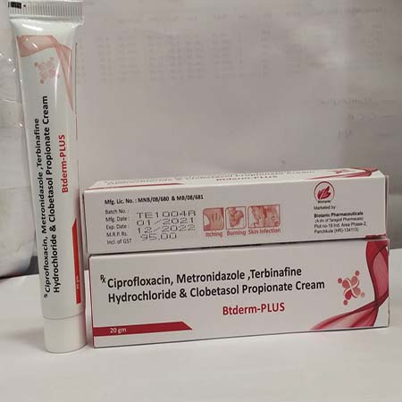 Product Name: Btderm Plus, Compositions of Btderm Plus are Ciprofloxacian Metronidazole ,Terbinafline Hydrochloride & Clobetasol Propionate Cream - Biotanic Pharmaceuticals
