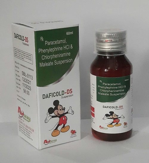 Product Name: Daficold DS, Compositions of Daficold DS are Paracetamol Phenylephrine Hcl & Chlorpheniramine Maleate Supension - Aidway Biotech