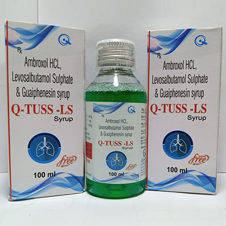 Product Name: Q TUSS LS, Compositions of Q TUSS LS are Ambroxol HCL, Levosalbutamol Sulphate & Guaiphensin Syrup - Qonexa Lifecare Private Limited