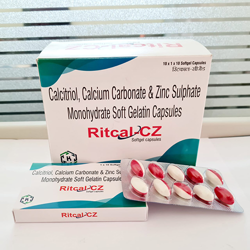 Product Name: Ritcal CZ, Compositions of Ritcal CZ are Calcitriol, Calcium Carbonate & Zinc Sulphate  Monohydrate Soft Gelatin Capsules - Kriti Lifesciences