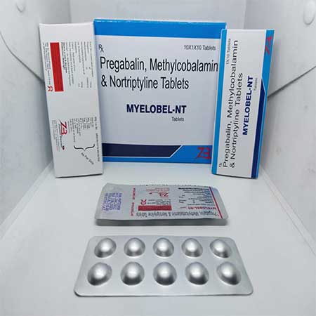 Product Name: Myelobel NT, Compositions of Myelobel NT are Pregabalin,Methylcobalamin & Nortriptyline Tablets - Zumax Biocare