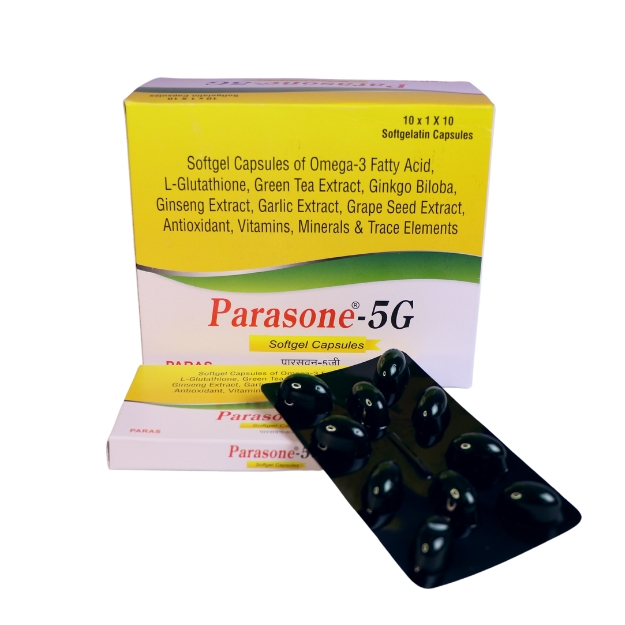 Product Name: Parasone 5g, Compositions of Parasone 5g are SOFTGEL CAPSULES OF OMEGA-3 FATTY ACID, L-GLUTATHIONE, GREEN TEA EXTRACT, GINKGO BILOBA, GINSENG EXTRACT, GARLIC EXTRACT, GRAPE SEED EXTRACT, ANTIOXIDANT, VITAMINS, MINERALS & TRACE ELEMENTS    - Paras Laboratories Ltd