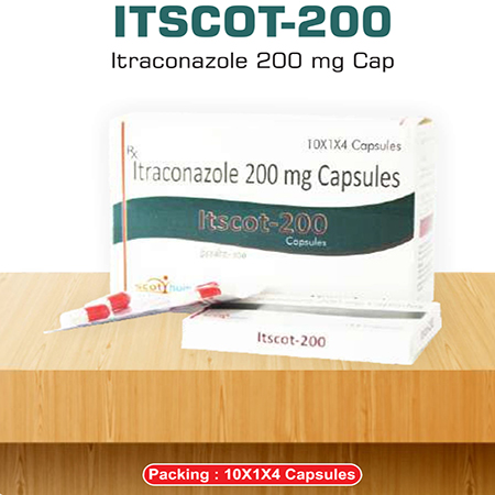 Product Name: Itscot 200, Compositions of Itscot 200 are Itraconazole 200 mg cap - Scothuman Lifesciences