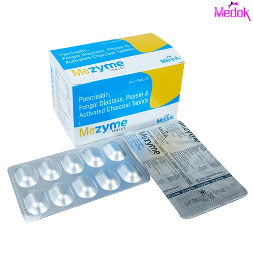 Product Name: Mezyme, Compositions of Mezyme are Pancreatin fungal diastase pepsin & activated charcoal tablets - Medok Life Sciences Pvt. Ltd