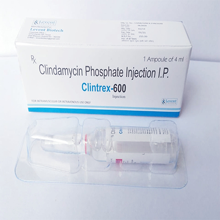 Product Name: Clintrex 600, Compositions of Clintrex 600 are Clindamycin phosphate injection IP - Levent Biotech Pvt. Ltd