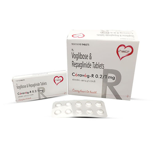 Product Name: Coravog R 0.2-1mg, Compositions of Coravog R 0.2-1mg are Voglibose & Repaglinide Tablets - Arlak Biotech