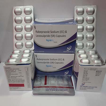 Product Name: Ngrab L, Compositions of Ngrab L are Rabeprazole Sodium (EC) & Levosulpiride (SR) Capsules - NG Healthcare Pvt Ltd