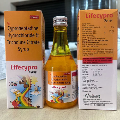 Product Name: Lifecypro, Compositions of Lifecypro are Cyproheptadine Hydrochloride and Tricholine Citrate Syrup - Medicure LifeSciences