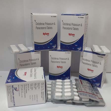 Product Name: Ngflame, Compositions of Ngflame are Diclofenac Potassium & Paracetamol Tablets - NG Healthcare Pvt Ltd