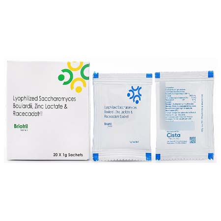 Product Name: BRIOTRIL, Compositions of BRIOTRIL are Lycophilized Saccharomyces Boulardii, Zinc Lactate and Racecadotril - Cista Medicorp