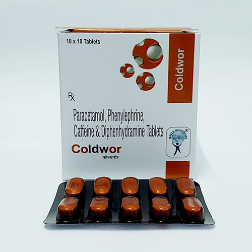 Product Name: Coldwor Tab, Compositions of Coldwor Tab are Paracetamol,Phenylephrine,Caffiene & Diphenhydramine Tablets  - WHC World Healthcare