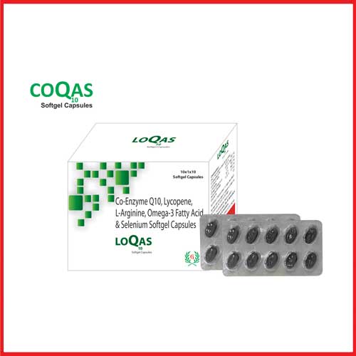 Product Name: Coqas, Compositions of are Co-enzyme Q-10,Lycopene, L-Arginine,Omega-3-Fatty Acid, & Selenium Softgel Capsules - Greef Formulations