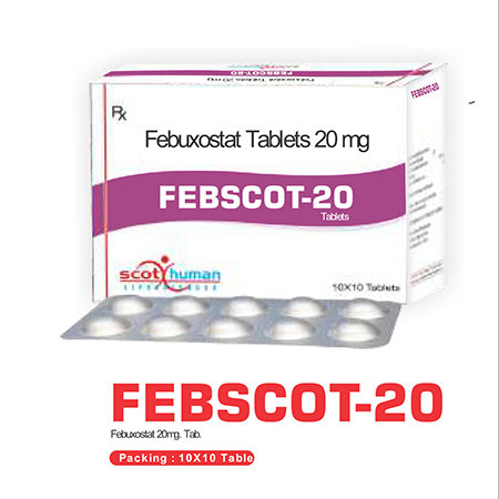 Product Name: Febscot 20, Compositions of Febscot 20 are Febuxostat Tablets 20 mg  - Scothuman Lifesciences
