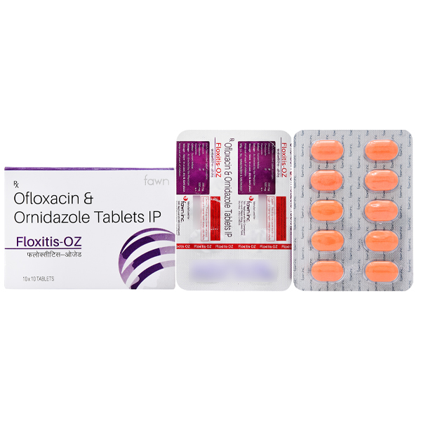 Product Name: FLOXITIS OZ, Compositions of Ofloxacin 200 mg + Ornidazole 500 mg . are Ofloxacin 200 mg + Ornidazole 500 mg . - Fawn Incorporation