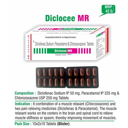 Product Name: Diclocee MR, Compositions of Diclocee MR are Diclofenac Sodium, Paracetamol & Chlorzoxazone Tablets - Euphoria India Pharmaceuticals