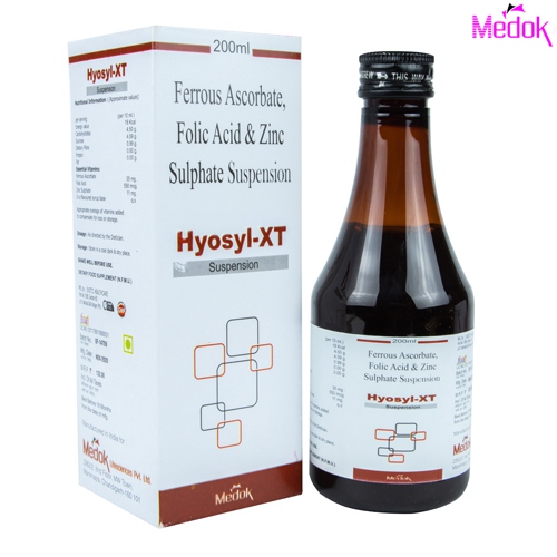 Product Name: Hyosyl XT, Compositions of Hyosyl XT are Ferrous ascorbate folic acid & zinc sulphate suspension - Medok Life Sciences Pvt. Ltd