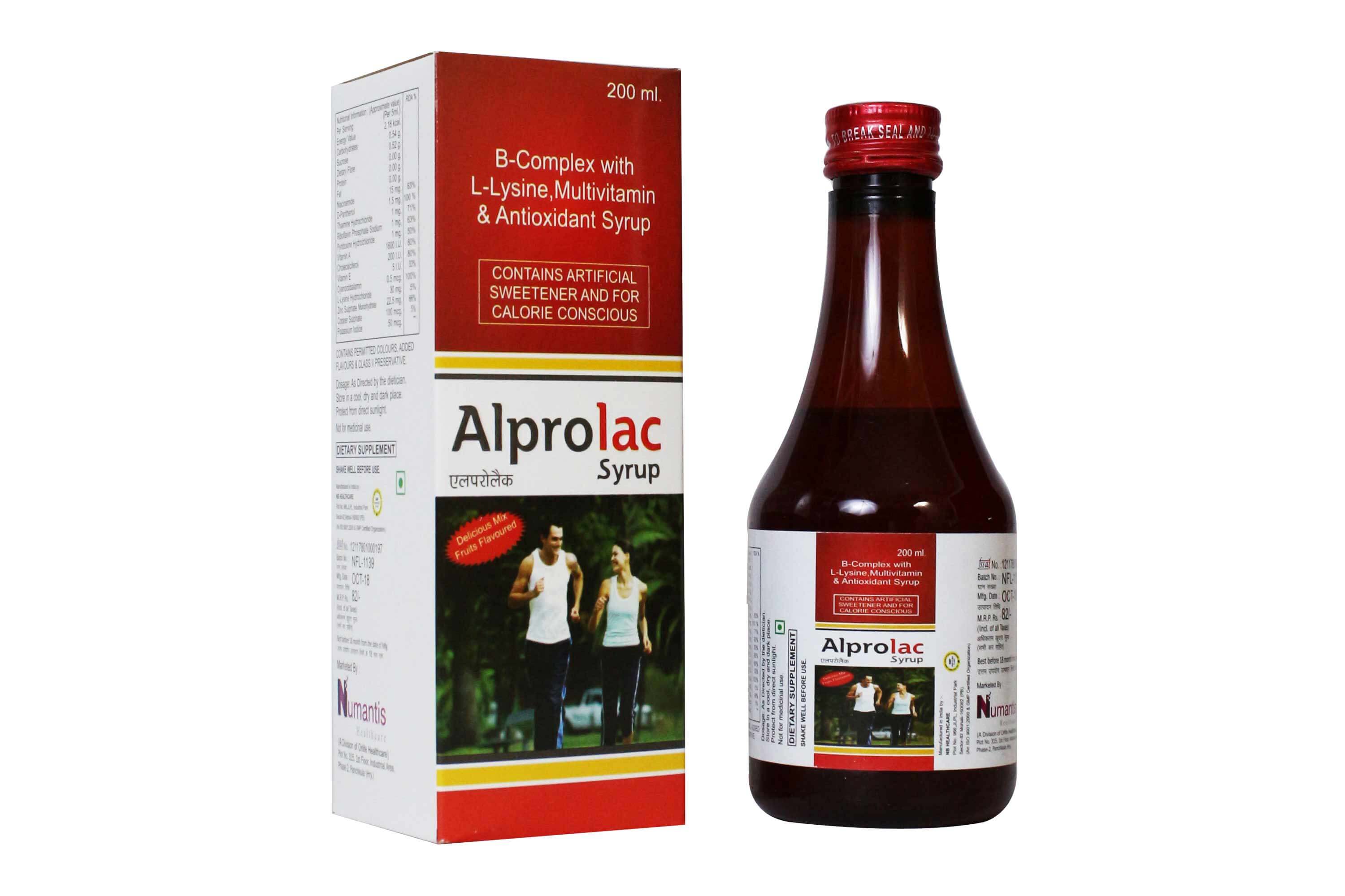 Product Name: Alprolac, Compositions of Alprolac are B-Complex with L-Lysine, Multivitamin & Antioxidant Syrup - Numantis Healthcare