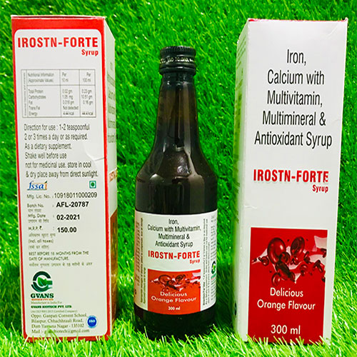 Product Name: Irostn Forte, Compositions of Irostn Forte are iron calcium with multivitamine & antioxidant - Gvans Biotech Pvt. Ltd