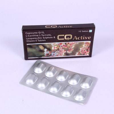 Product Name: Cq active, Compositions of Cq active are Coenzyme, L-Cornitine, L-tartrate, Zinc Sulphate & Vitamin E Tablets - Bluewaterresearch