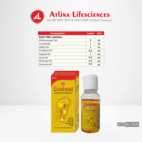 Product Name: Ecoheal, Compositions of Ecoheal are Mahanarayan Tail,Linseed Oil,Nilgiri Oil,Camphour Oil,Nitgundi Oil Garlic Oil  - Atlina LifeSciences Private Limited