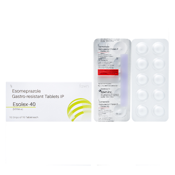 Product Name: ESOLEX 40, Compositions of ESOLEX 40 are Esomeprazole I.P. 40 mg. - Fawn Incorporation