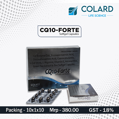 Product Name: CQ10 FORTE, Compositions of CQ10 FORTE are Co- Enzyme Q10, Eicosapentaenoic Acid, Docosahexaenoic Acid, Cyanocobalamin, L-carnitine, L- Arginine, Vitamin E, Astaxanthin, Green Tea Extract & zinc Softgel Capsules - Colard Life Science