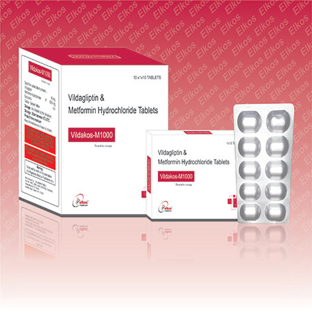 Product Name: Vildakos M 1000, Compositions of Vildakos M 1000 are Vidagliptin & Metformin Hydrochloride Tablets - Elkos Healthcare Pvt. Ltd