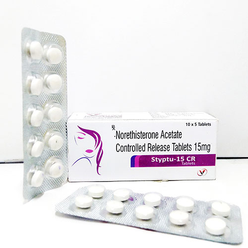 Product Name: Styptu 15 CR, Compositions of Styptu 15 CR are Norethisterone Acetate 15 mg Controlled release  - Voizmed Pharma Private Limited