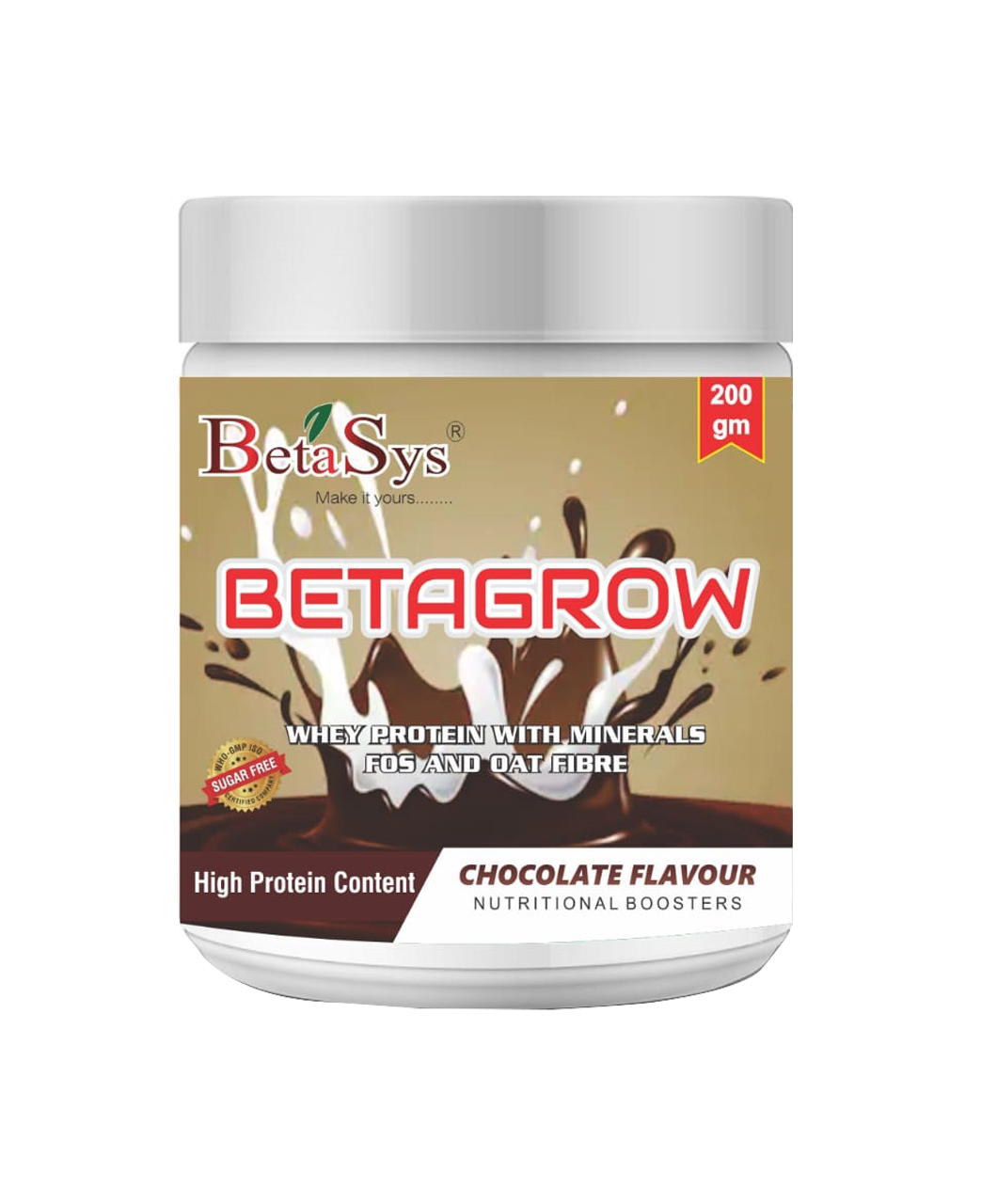 Product Name: Betagrow, Compositions of Betagrow are Whey Protein with Minerals Fos And Oat Fibre - Betasys Healthcare Pvt Ltd