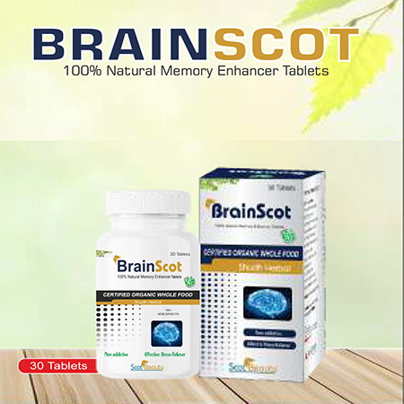 Product Name: Brainscot, Compositions of Brainscot are 100% Natural Memory Enhancer Tablets - Scothuman Lifesciences