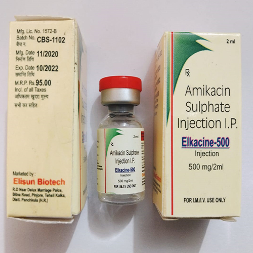 Product Name: Elkacine 500, Compositions of Elkacine 500 are Amikacin Sulphate Injection IP - Elisun Biotech
