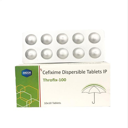 Product Name: Throfix 100, Compositions of Throfix 100 are Cefixime Dispesable Tablets IP - Amzor Healthcare Pvt. Ltd