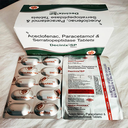 Product Name: Decinex SP, Compositions of Decinex SP are Aceclofenac, Paracetamol Serratiopeptidase - Sneh Pharma Private Limited