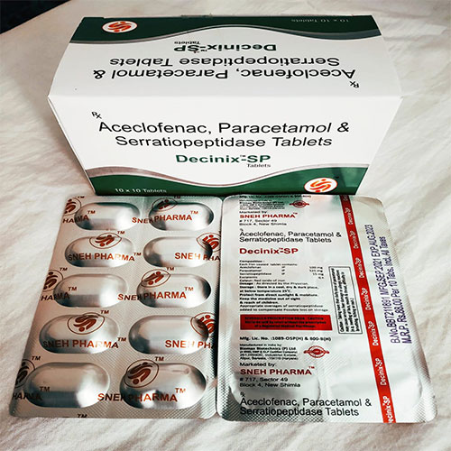 Product Name: Decinex SP, Compositions of Aceclofenac, Paracetamol Serratiopeptidase are Aceclofenac, Paracetamol Serratiopeptidase - Sneh Pharma Private Limited