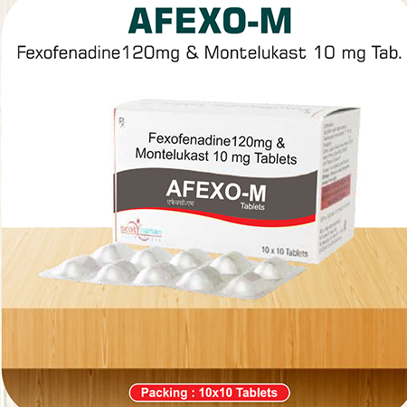 Product Name: Afexo M, Compositions of Afexo M are Fexofenadine 120 mg& Montelukast 10 mg Tablets - Scothuman Lifesciences