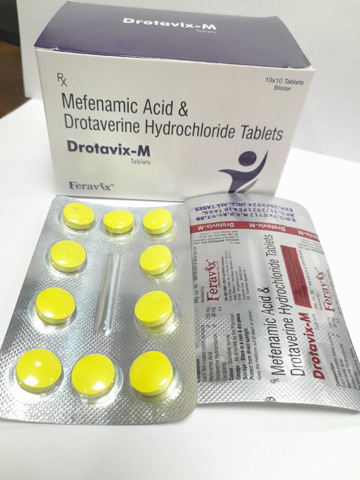 Product Name: DROTAVIX M Tablets, Compositions of DROTAVIX M Tablets are MEFENAMIC ACID 250MG, DROTAVERINE HCL 80MG - Feravix Lifesciences