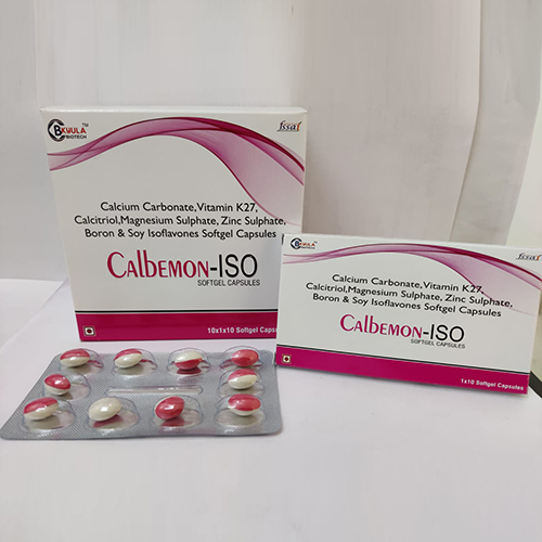 Product Name: Calbemon Iso, Compositions of Calbemon Iso are Calcium Carbonate,Vitamin K27,Calcitrol,Magnesium Sulphate,Zinc Sulphate,Boron and Soy Isoflavours Softgel Capsules - Bkyula Biotech
