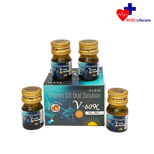 Product Name: V 60 k, Compositions of V 60 k are Vitamin D3 Oral Solution  - Ryze Lifecare