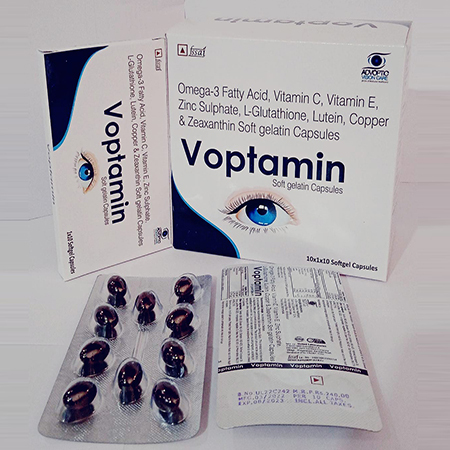 Product Name: Voptamin, Compositions of Voptamin are Omega-3 Fatly Acid,Vitamin C,Vitamin E,Zinc Sulphate,L-Glutathione,Lutin,Copper & Zeaxanthin Soft gelatin CapsulesSoftgel Capsules - Ronish Bioceuticals