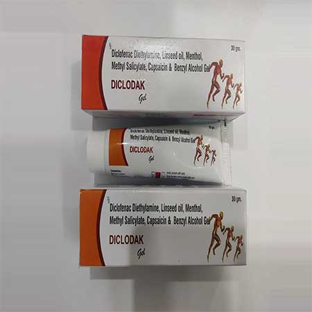Product Name: Diclodak, Compositions of Diclodak are Diclofenac  Diethylamine,Linseed Oil, Menthol,Methyl Salicylate Capsaisin & Benzyl Alcohal Gel - Dakgaur Healthcare