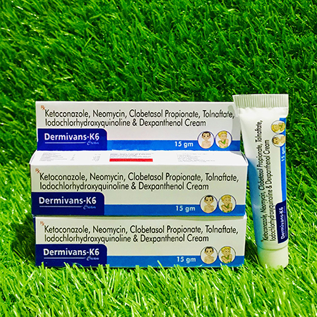 Product Name: Dermivans k6, Compositions of are Ketoconazole, Neomycin, Clobetasol Propionate, Tolnafate, Lodochlorhydroxyquinoline & Dexpanthenol Cream - Gvans Biotech Pvt. Ltd