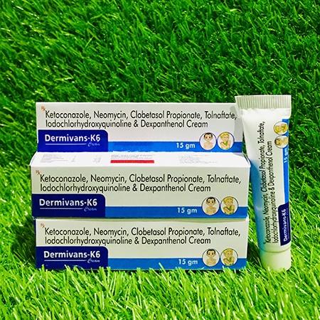 Product Name: Dermivans k6, Compositions of Dermivans k6 are Ketoconazole, Neomycin, Clobetasol Propionate, Tolnafate, Lodochlorhydroxyquinoline & Dexpanthenol Cream - Gvans Biotech Pvt. Ltd