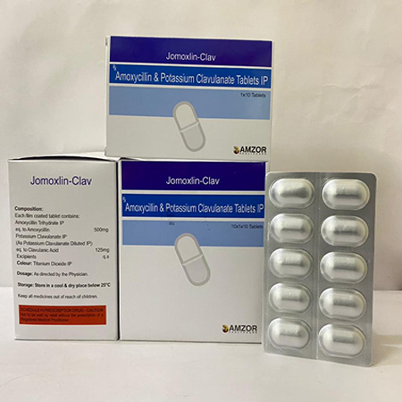 Product Name: JOMOXLIN CLAV, Compositions of JOMOXLIN CLAV are Amoxycillin & Potassium Clavulanate Tablets IP - Amzor Healthcare Pvt. Ltd