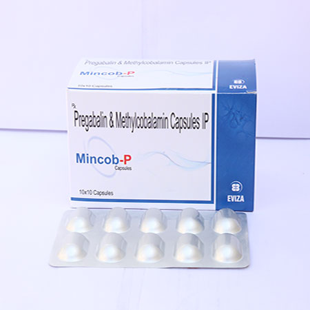 Product Name: Mincob P, Compositions of Mincob P are Pregabalin & Methylcobalamin Capsules IP - Eviza Biotech Pvt. Ltd