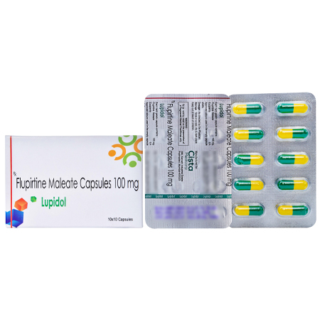 Product Name: LUPIDOL, Compositions of LUPIDOL are Flupiritine Maleate Capsules 100mg - Cista Medicorp