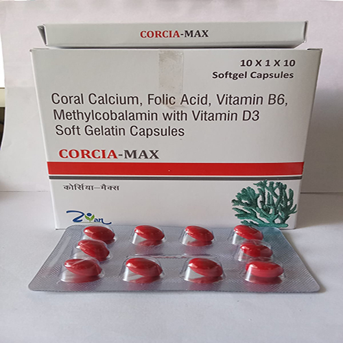 Product Name: CORCIA MAX, Compositions of CORCIA MAX are Coral Calcium, Folic Acid, Vitamin B6, Methylcobalamin with Vitamin D3 Soft Gelatin Capsules - Arlig Pharma