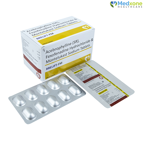 Product Name: BRELIFT FM, Compositions of Acebrophylline (SR) , Fexofenadine Hydrochloride & Montelukast Sodium Tablets are Acebrophylline (SR) , Fexofenadine Hydrochloride & Montelukast Sodium Tablets - Medxone Healthcare
