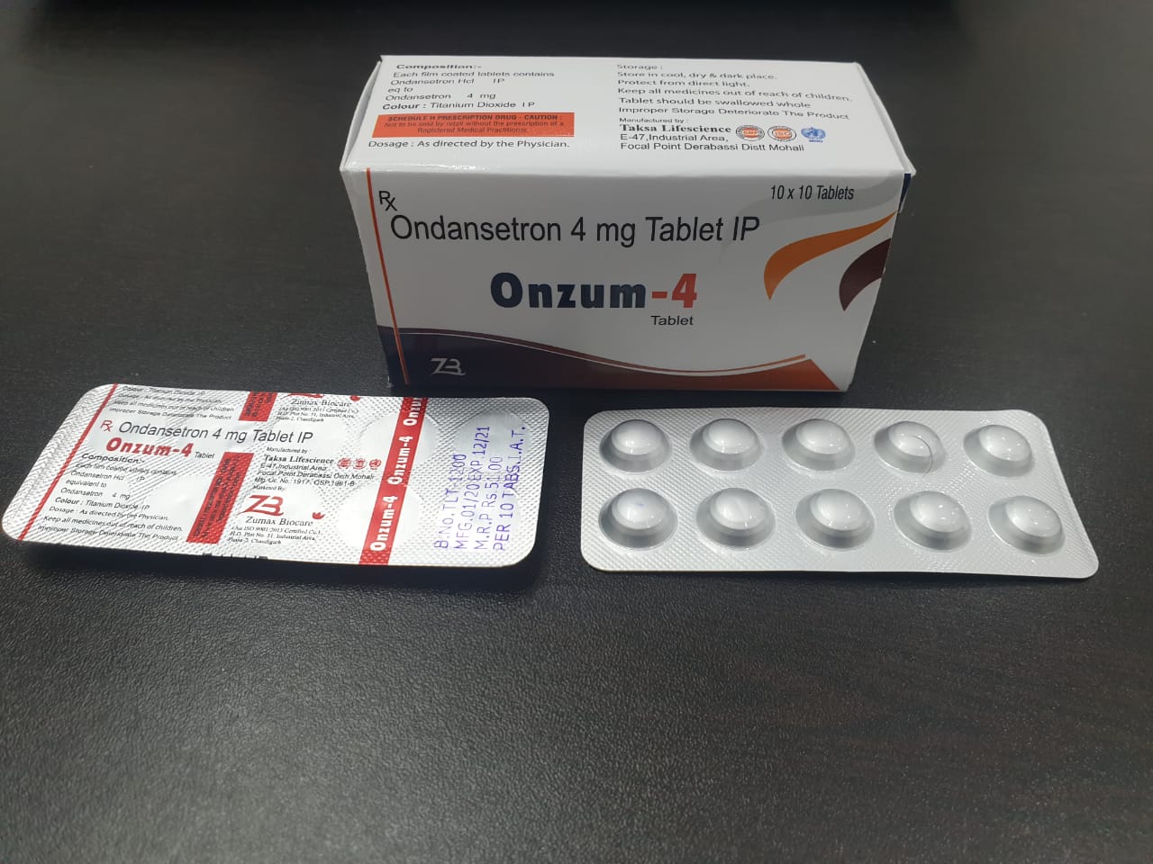 Product Name: ONZUM 4, Compositions of ONZUM 4 are Ondansetron 4mg Tablets IP - Zumax Biocare