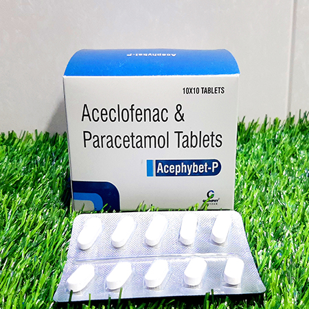 Product Name: Acephybet p, Compositions of Acephybet p are Aceclofenac & Paracetamol Tablets - Glomphy Biotech